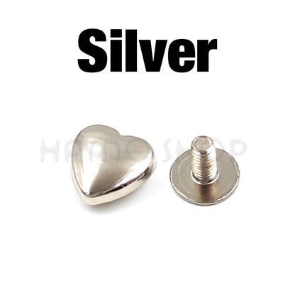 10 Set Heart-Shaped Metal Screwback Rivets 10/14mm – Screw Studs for Leathercraft, Garments, Belts & Bags