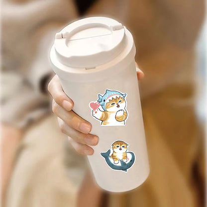 10/30/50PCS Cute Shark and Cat Stickers - Fun Cartoon Decals for Suitcases, Scrapbooks, Laptops, Phones, and Stationery