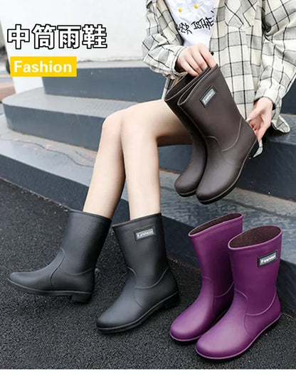 Women’s Four-Season Waterproof Rain Boots – Mid-Tube Non-Slip Rubber Shoes with Cotton Lining for Outdoor Fashion
