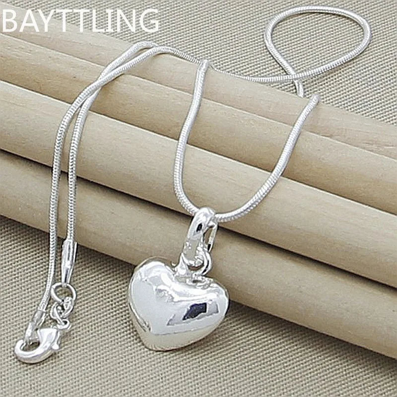 Fine 925 Sterling Silver Solid Heart Necklace — 18–24 Inch Snake Chain for Women, Wedding Charm, Luxury Fashion Jewelry