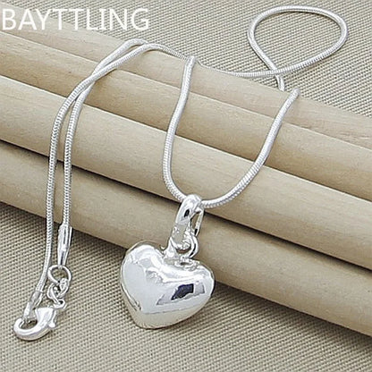Fine 925 Sterling Silver Solid Heart Necklace — 18–24 Inch Snake Chain for Women, Wedding Charm, Luxury Fashion Jewelry