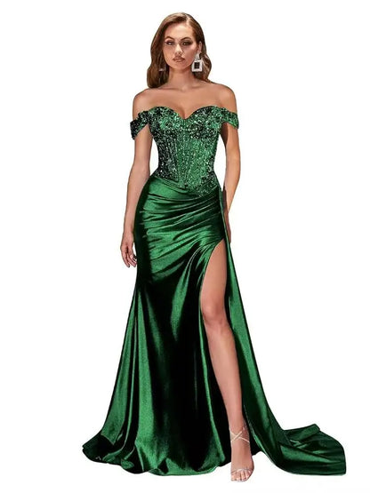 Women’s Dark Navy Off-Shoulder Prom Dress — Sweetheart Beaded Lace Corset Evening Gown with High Side Slit 2025