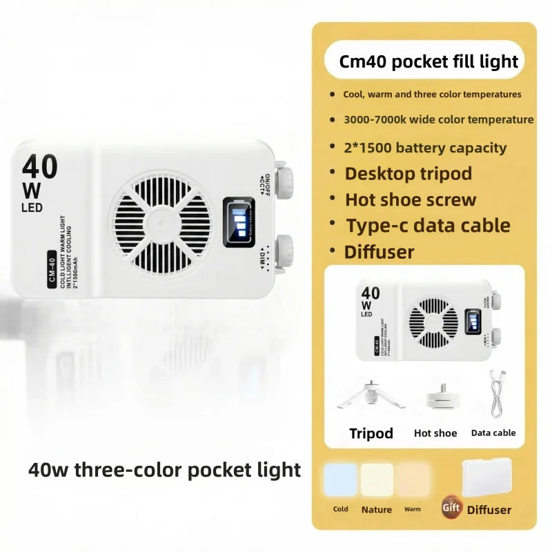 40W Mini Portable LED Video Light - Rechargeable Fill Light with PD Mobile Charging