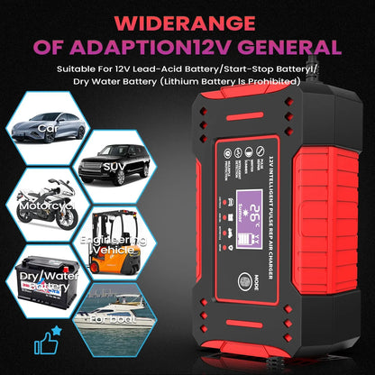 6A 12V Intelligent Car Battery Charger - Lead-Acid Charging Unit for Car and Motorcycle, LCD Display, Battery Repair