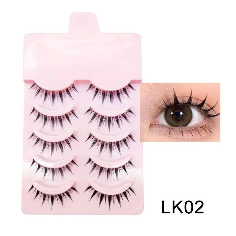 Manga Lashes 5 Pairs – Anime Cosplay Faux Mink Short Full Strip Lashes, Korean Natural Look, Clear Band Soft Eyelash Extensions