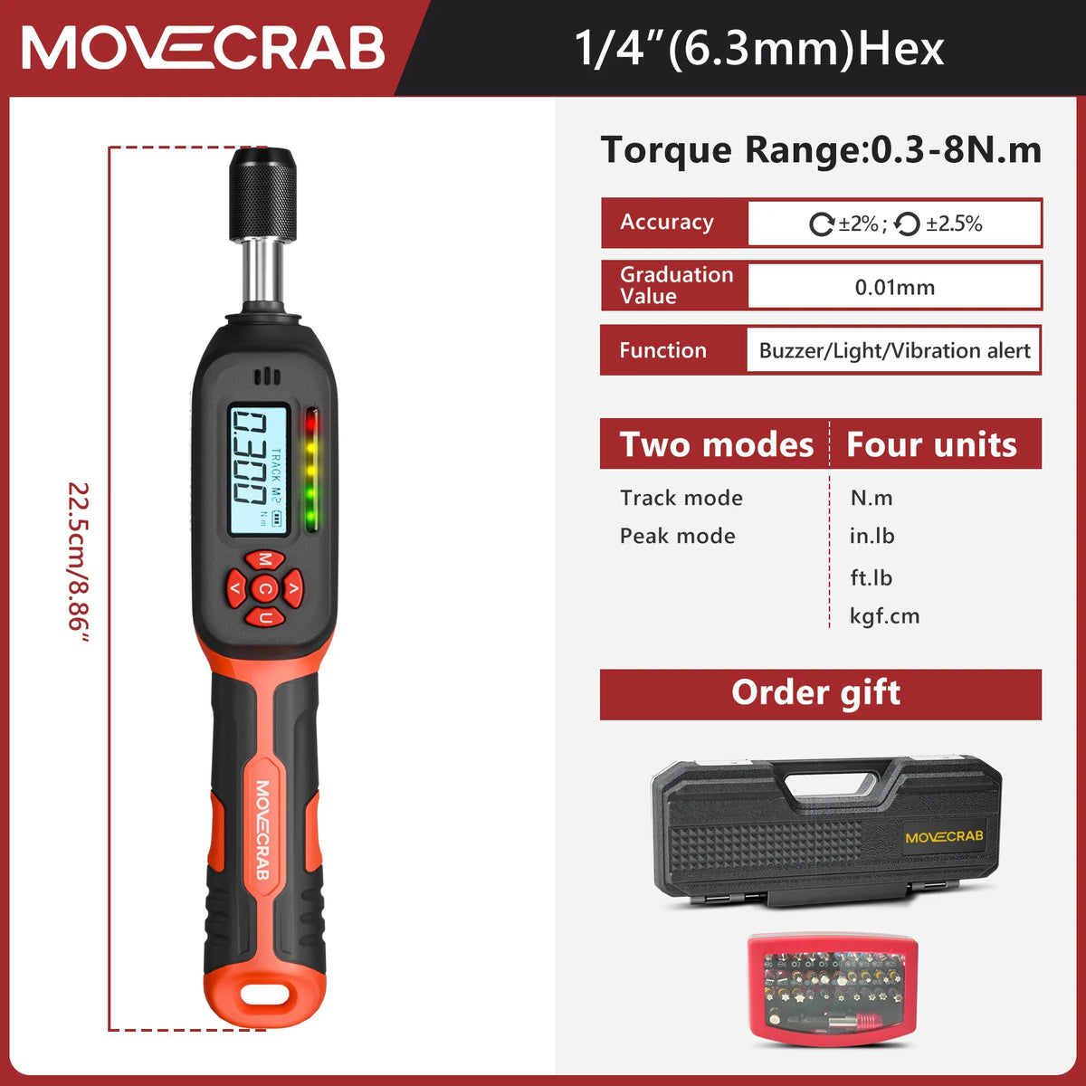 MOVECRAB Digital Torque Screwdriver - Buzzer, LED & Vibration Alert for Bike Repair, Maintenance & DIY Tools