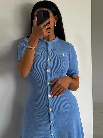 2025 New Women’s Knit Slim Mini Dress – Elegant Single-Breasted Solid Color Office & Daily Commuting Vestido