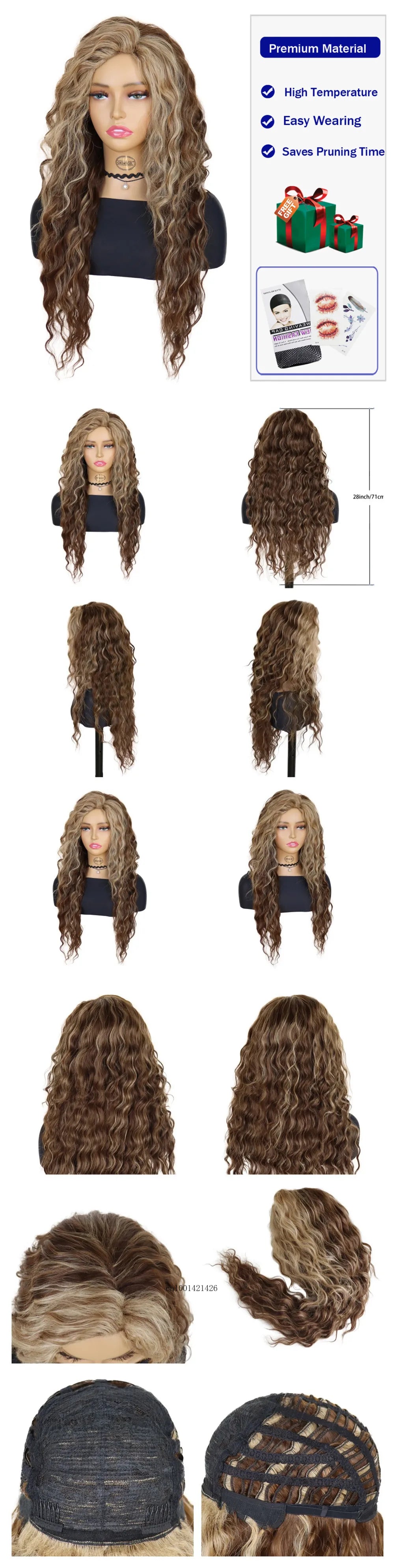Ash Blonde Synthetic Wig – 26" Long Curly Ombre Hair, Fluffy Wave Wig for Women, Costume & Party Wig