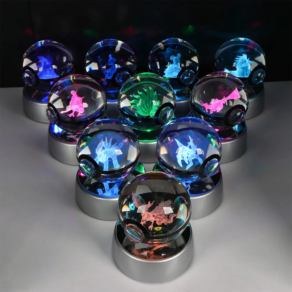 Pokemon Crystal Ball Night Light – Pikachu, Gengar, Eevee, Mewtwo & Lucario LED Pokeball, Kids Birthday Gift & Home Decor