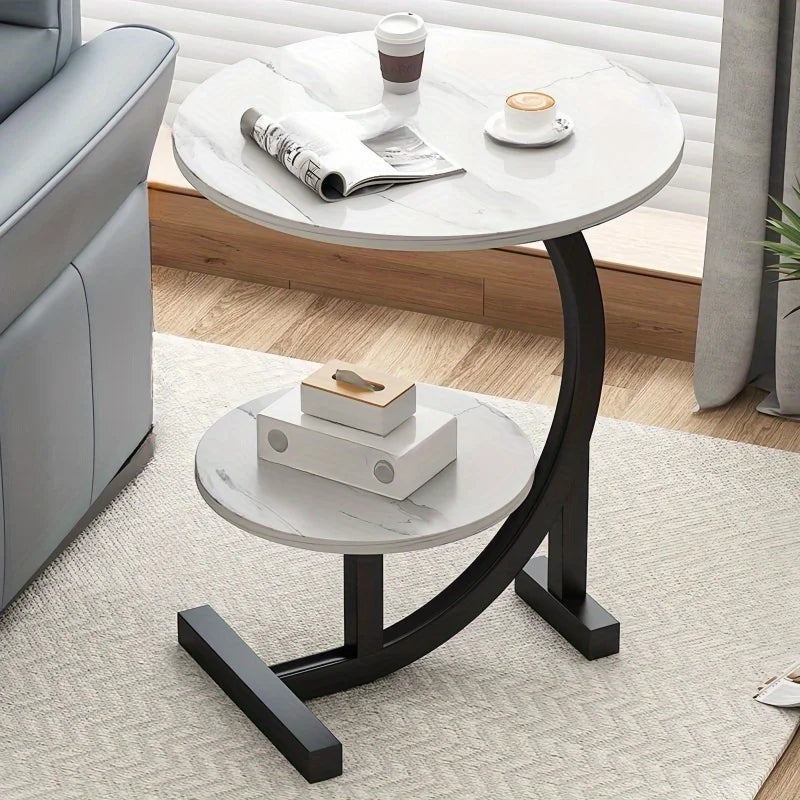 Modern Iron & Wood Side Table with White Marble Top – Storage Shelf, Space-Saving Nightstand for Bedroom & Living Room