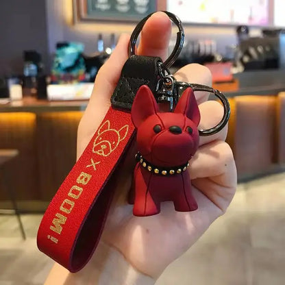 French Bulldog Keychain - Punk Style PU Leather Bag Pendant for Women & Men, Car Key Ring