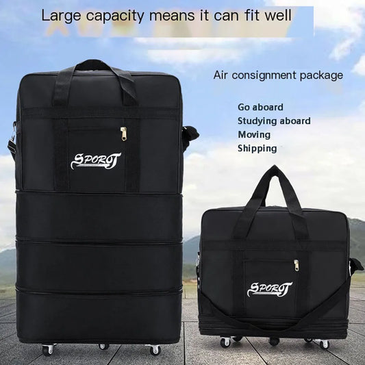 Foldable Trolley Travel Bag with Wheels – Expandable Black Luggage for Men & Women, Ideal for Weekend Trips & Overnight Travel