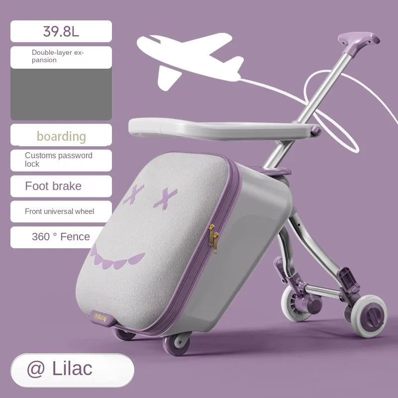 Children's Ride-On Luggage with Brake Wheels – Foldable Trolley Suitcase for Baby, Cabin Carry-On Travel Case