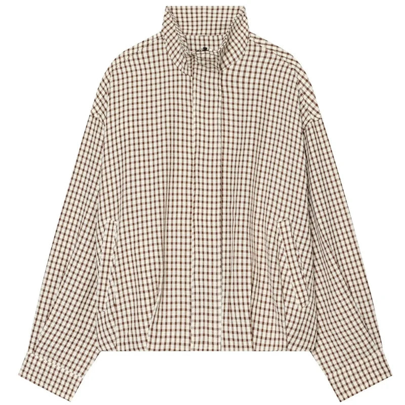 HXAO Plaid Bomber Jacket for Women - Oversized Cropped Long Sleeve Zipper Jacket for Spring & Autumn Casual Wear