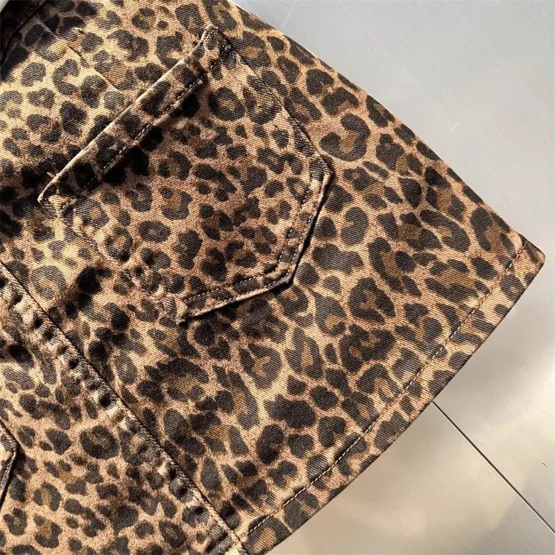 Women’s Elastic Brown Leopard Print Denim Mini Skirt – Trendy Hip Skirt
