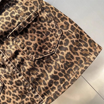 Women’s Elastic Brown Leopard Print Denim Mini Skirt – Trendy Hip Skirt