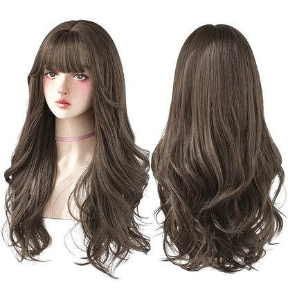 7JHH Brown Ash Long Deep Wave Lolita Wig for Women — Synthetic Hair with Bangs, Thick Curly Fashion Wig