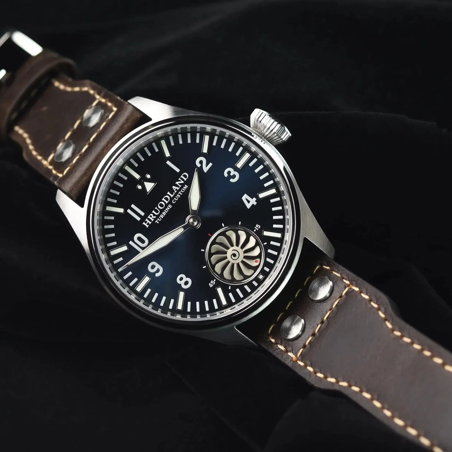 Hruodland 43MM Pilot Men’s Manual Mechanical Watch — Sapphire Crystal, BGW-9 Night Light, Turbine Design, Waterproof 5Bar