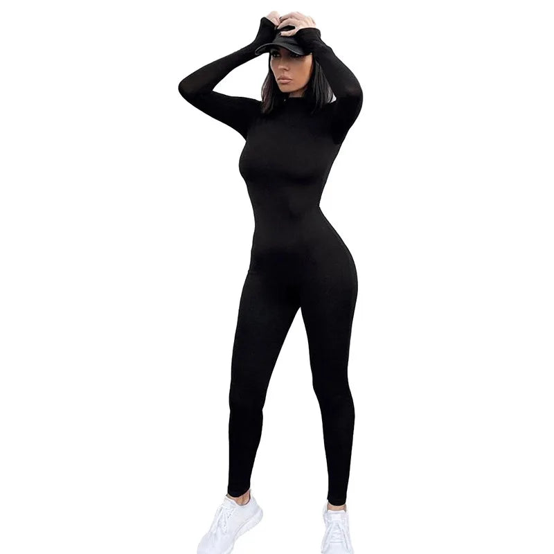 Women's Solid Black/Gray Skiing Jumpsuit: Long Sleeve Elastic High Outfit - Fashion Fitness Streetwear Rompers for Sportswear