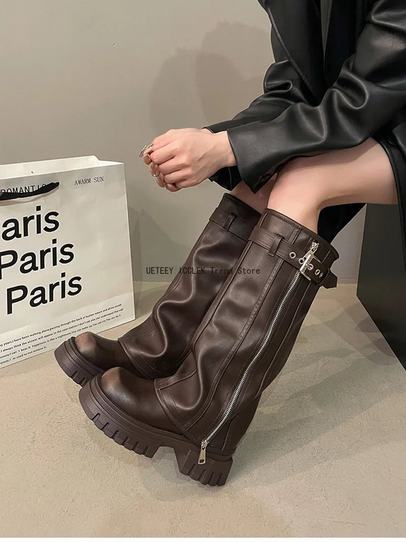 Winter Women's Biker Boots – Fashion Belt Buckle Knee-High Platform Booties
