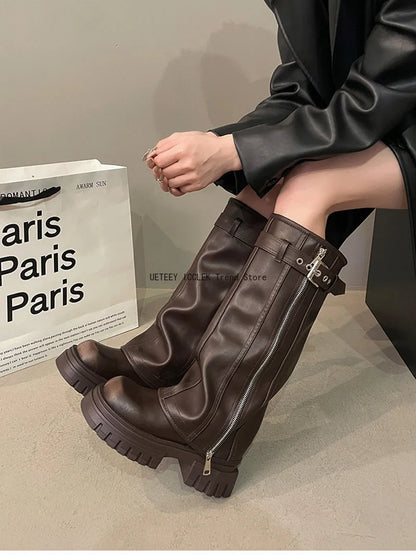 Winter Women's Biker Boots – Fashion Belt Buckle Knee-High Platform Booties
