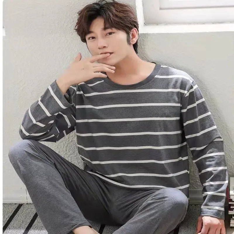 Men's Summer 2024 Long-Sleeve Pyjama Set — Black Plaid Two-Piece Home & Casual Wear, Large Size