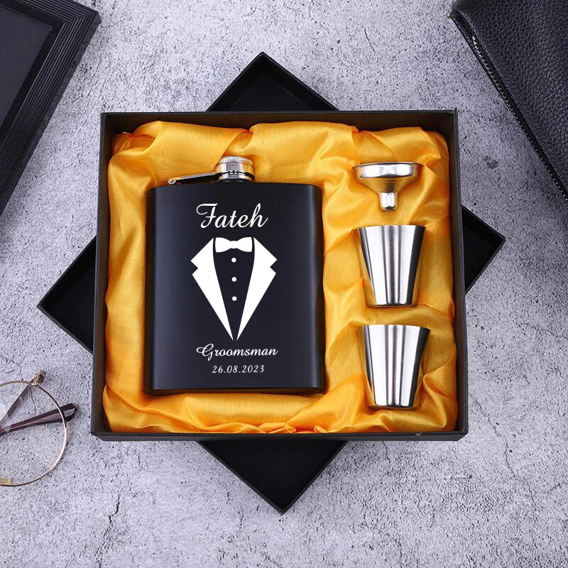 Personalized 6oz Stainless Steel Hip Flask – Engraved Gift for Best Man, Groom, Wedding with Custom Logo & Gift Box