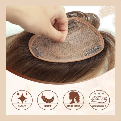 Ombre Brown Blonde Remy Human Hair Topper – 14 Inch Silk Base Clip-In Wig with Bangs for Women