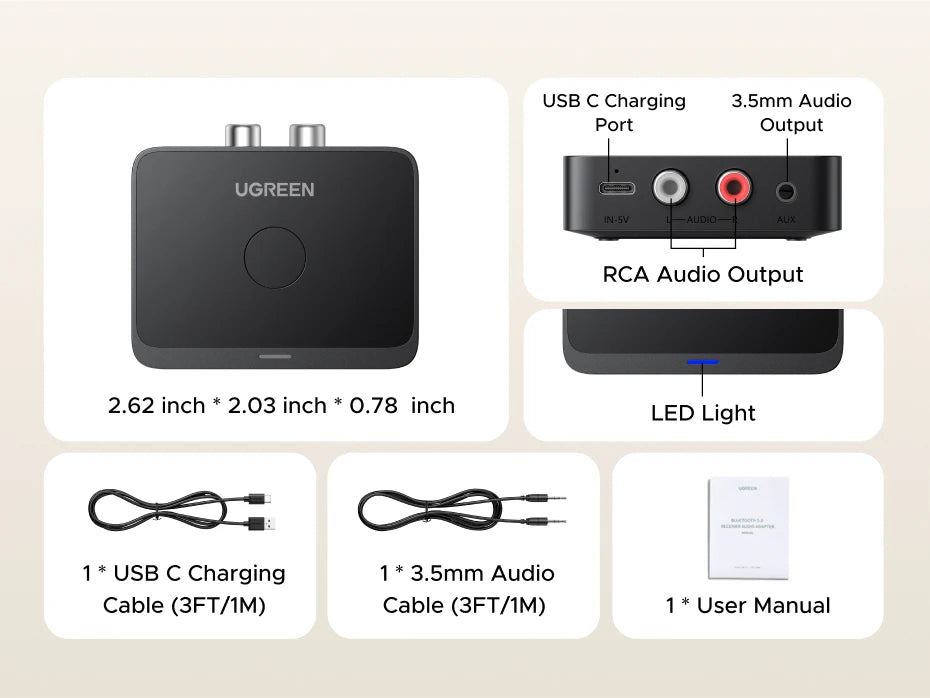 UGREEN AUX Bluetooth Receiver LDAC AAC – Hi-Fi 3.5mm Jack to 2RCA Audio Adapter with Bluetooth 6.0, 15h Playtime for Car Speaker & PC