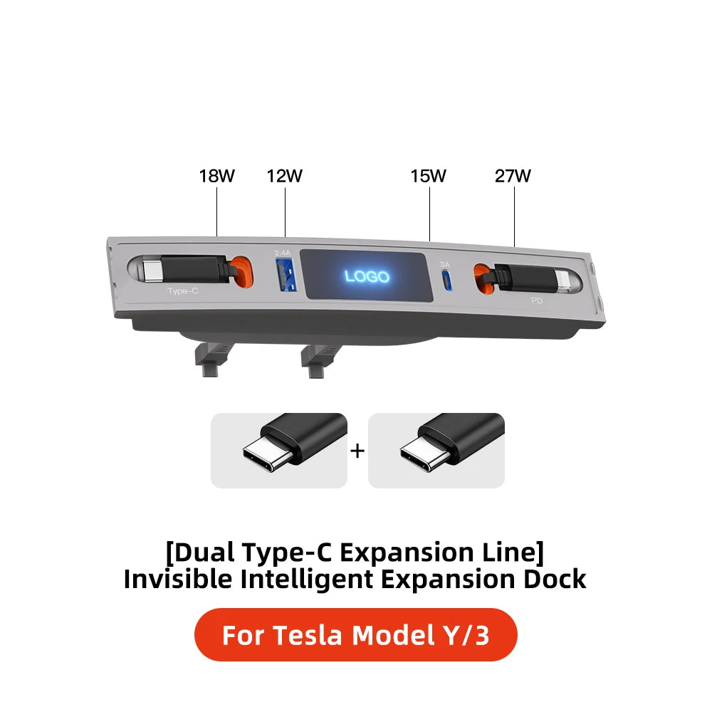 YZ 27W Quick Charger & USB Hub for Tesla Model 3/Y 2023 — Intelligent Car Docking Station & Adapter