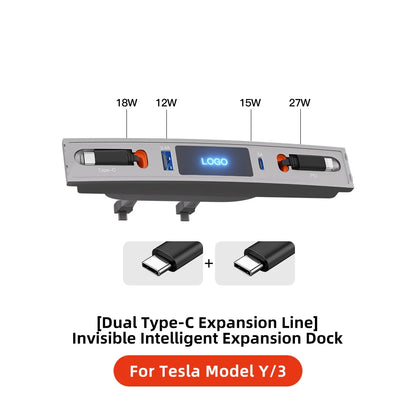 YZ 27W Quick Charger & USB Hub for Tesla Model 3/Y 2023 — Intelligent Car Docking Station & Adapter