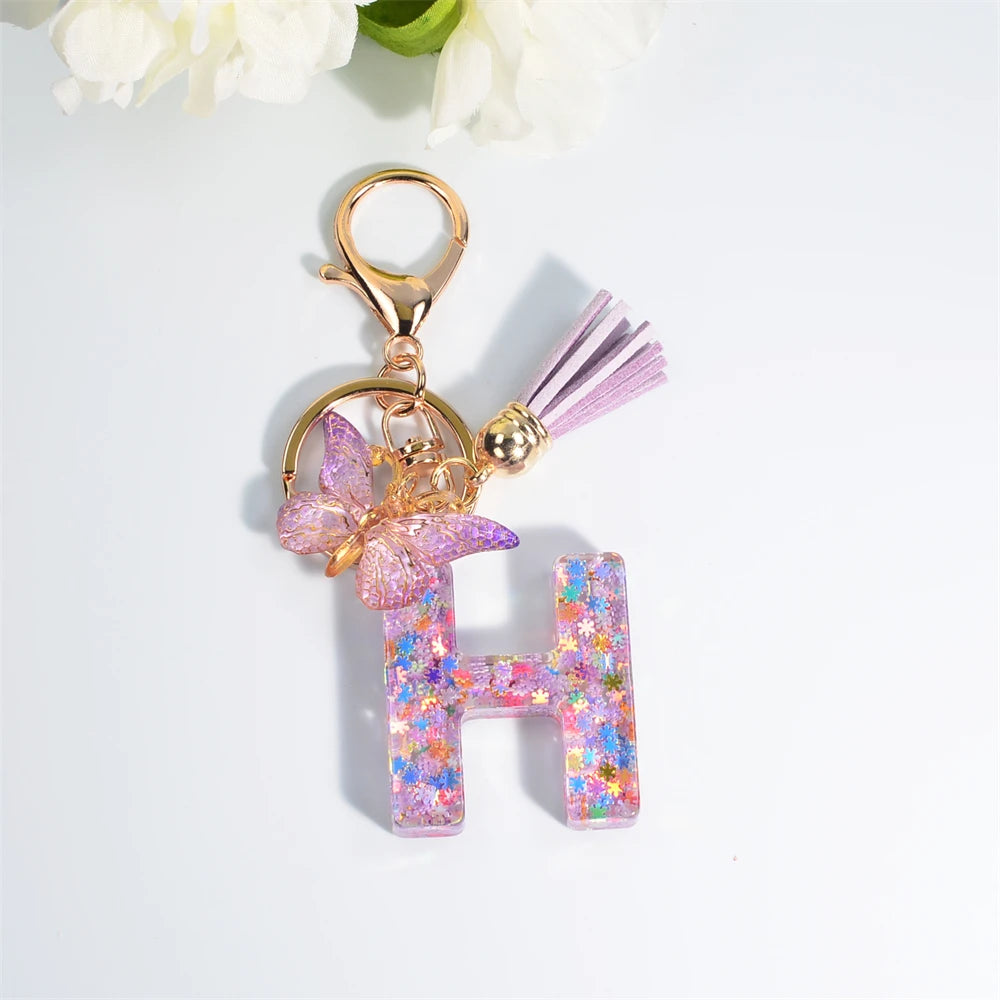 A-Z Sequin Initial Keychain - Dreamy Butterfly Tassel Pendant Bag & Purse Charm for Women
