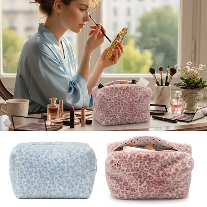 Large Leopard Print Makeup Bag - Fuzzy Portable Cosmetic & Toiletry Organizer with Large Capacity for Travel & Storage