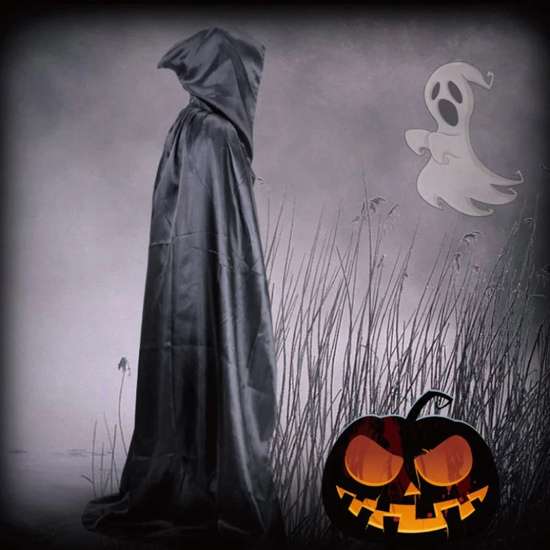 Unisex Halloween Hooded Black Cloak Witch Robe Long Cape Cosplay Costume Party Prop