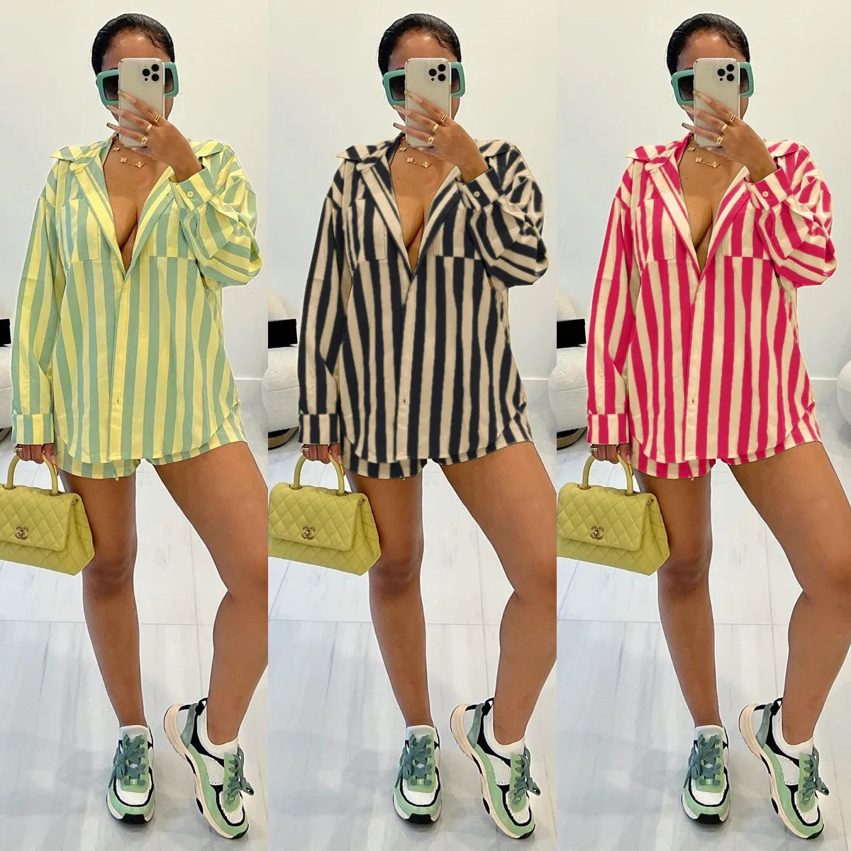 2025 Women’s Casual Striped Shorts & Long Sleeve Shirt Set – Spring Summer Office & Vacation Outfit