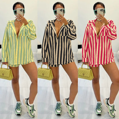 2025 Women’s Casual Striped Shorts & Long Sleeve Shirt Set – Spring Summer Office & Vacation Outfit