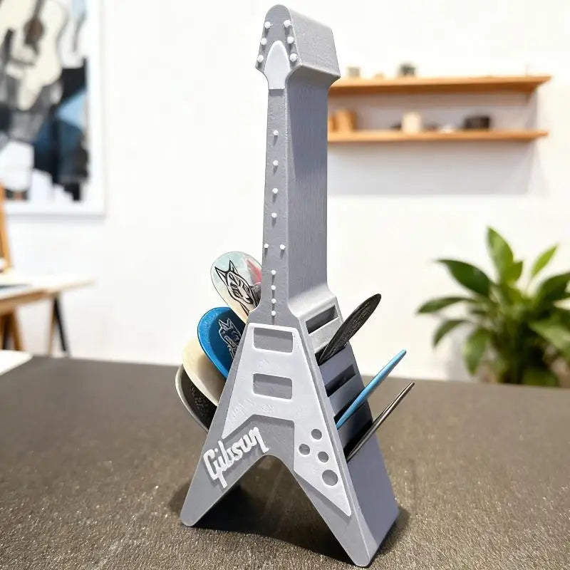 3D Printed Guitar Pick Holder – Guitar-Shaped Plectrum Storage Box with Stand & Accessories Organizer