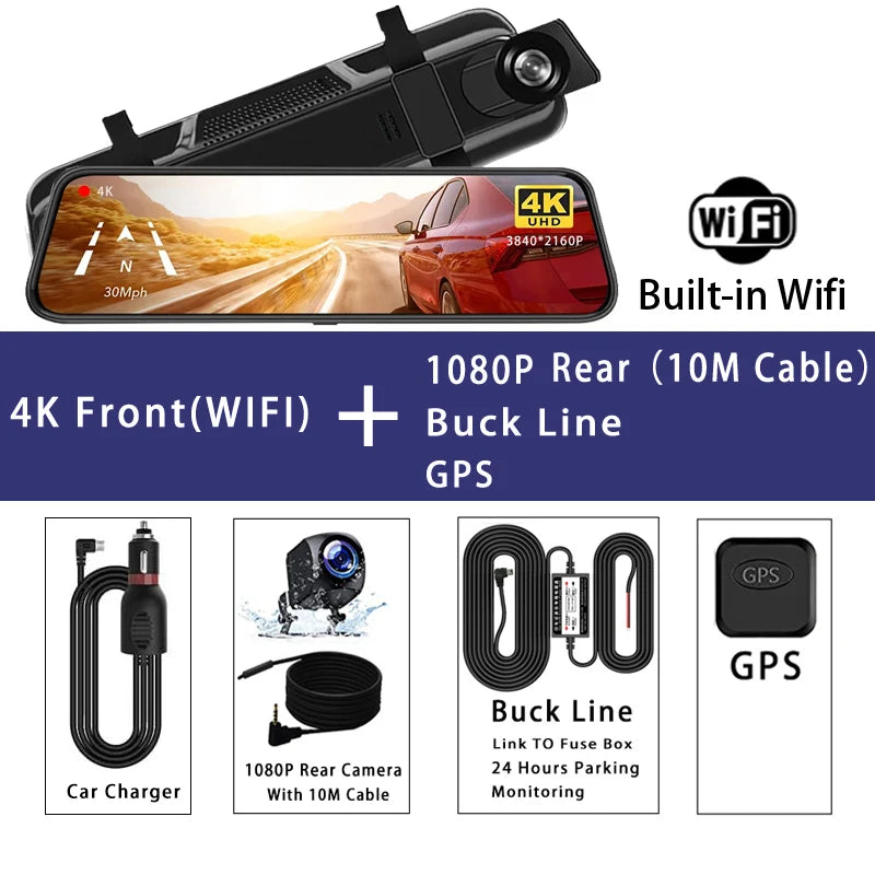10'' 4K Mirror Dash Cam with GPS & WiFi – Dual Lens Car DVR, IPS Screen, Rearview Streaming Recorder