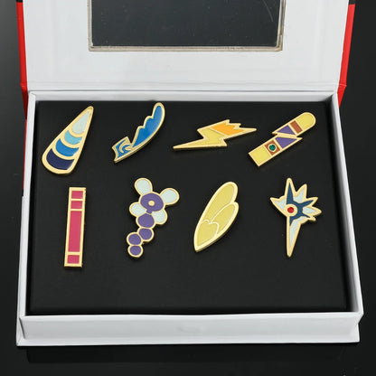 Pokemon Gym Badges Pin Set — Kanto, Johto, Hoenn, Sinnoh, Unova, Kalos & Orange Islands League Brooches with Box, Pocket Monster Collection