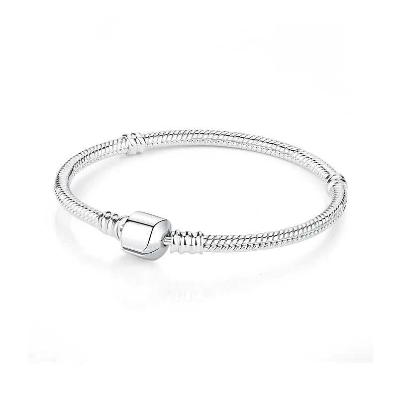 925 Sterling Silver Love Heart Charm Bracelet – Rose Gold Snake Chain Bangle for Women | DIY Luxury Bead Jewelry Accessories