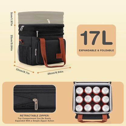 Expandable 17L Insulated Double-Decker Lunch Bag – Leakproof Cooler Tote with Side Pocket for Work, Picnic, Camping & Travel