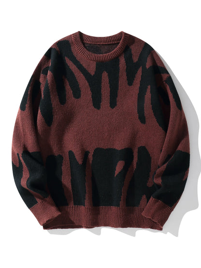 Men's Autumn Winter Jacquard Sweater - Irregular Pattern Contrast Color Round Neck Knitted Casual Pullover