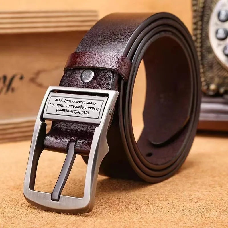 Men's Leather Cowhide Belt – Fashion Metal Alloy Pin Buckle, Luxury Brand for Jeans & Business Casual Wear