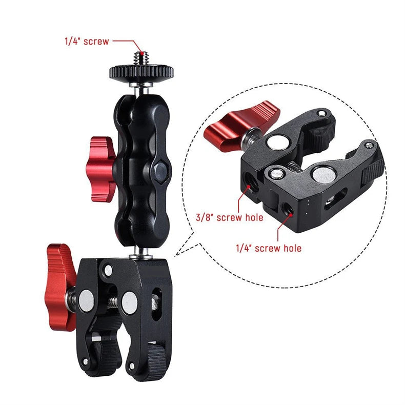 Super Clamp Camera Mount with 360° Ballhead Magic Arm - Double Ball Head Adapter for DSLR, GoPro, LED Lights, & Phone