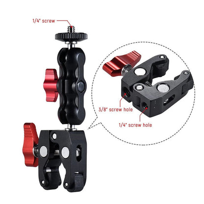Super Clamp Camera Mount with 360° Ballhead Magic Arm - Double Ball Head Adapter for DSLR, GoPro, LED Lights, & Phone
