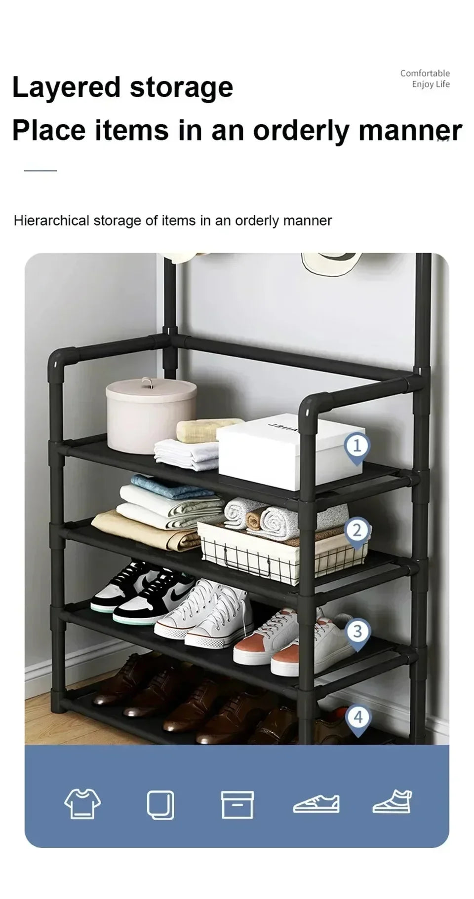 Multi-Layer Clothes Hanger & Shoe Rack – DIY Floor-Standing Hat and Shoes Organizer for Living Room Storage