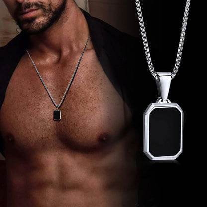 Casual Black Enamel Necklace for Men, Waterproof Stainless Steel Square Pendant, Simple Fashion Collar Jewelry Gift