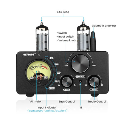 AIYIMA Audio T9 HiFi Bluetooth 5.0 Vacuum Tube Amplifier – USB DAC, COAX, OPT, VU Meter Stereo Amplifier for Speakers
