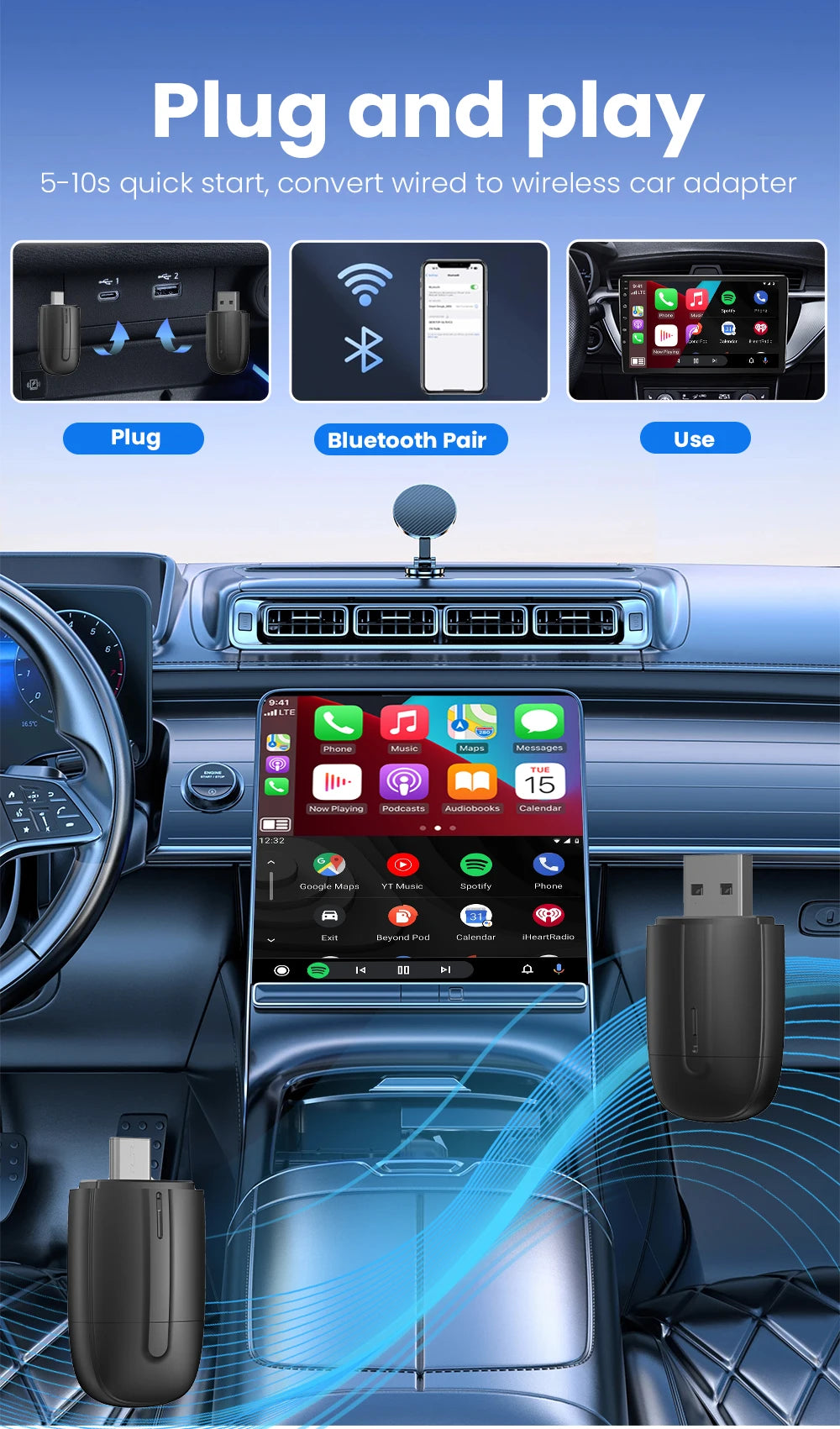 2-in-1 Wireless CarPlay & Android Auto Dongle – Type-C USB Bluetooth WiFi Adapter for Chevrolet, Citroen, Buick, Cadillac, Chery, VW