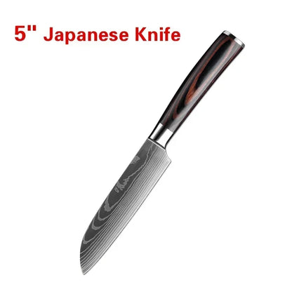 Laser Damascus Kitchen Knife Set – Cleaver, Meat, Fruit, Bread, Boning Knife and Chicken Scissors for Barbecue and Home Cooking